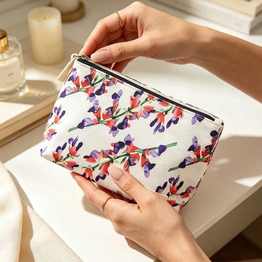 L'Occitane Watercolor Lavender Floral Canvas Zipper Cosmetic Pouch, Portable Travel Organizer for Vacation Daily Holiday Gift