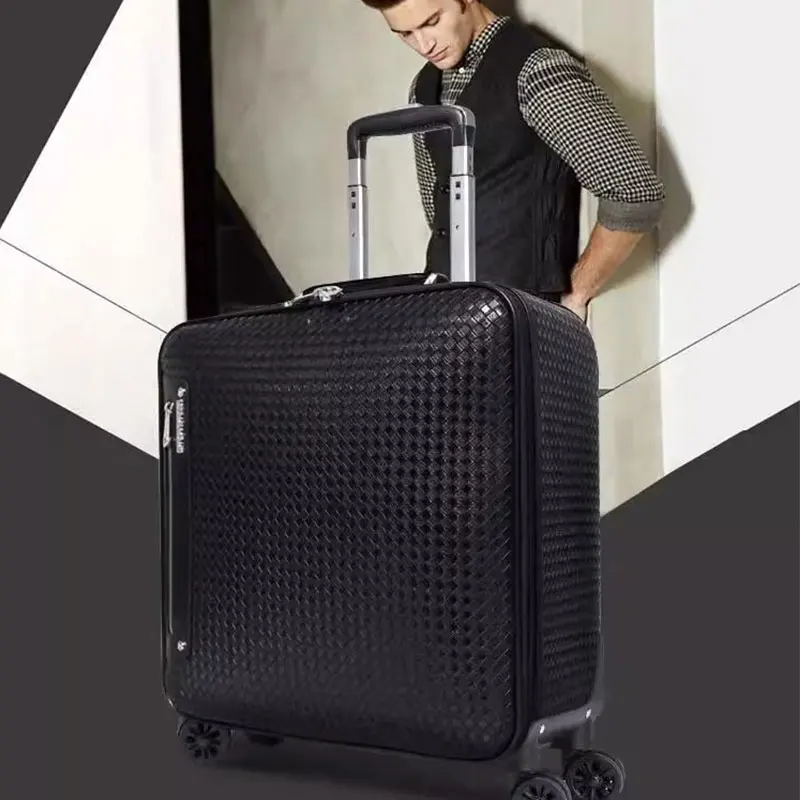 Genuine Leather Trolley Case 20 Inch Men\'s Business Boarding Suitcase Universal Wheel Luggage Bag 16 Inch Woven Pattern Leather