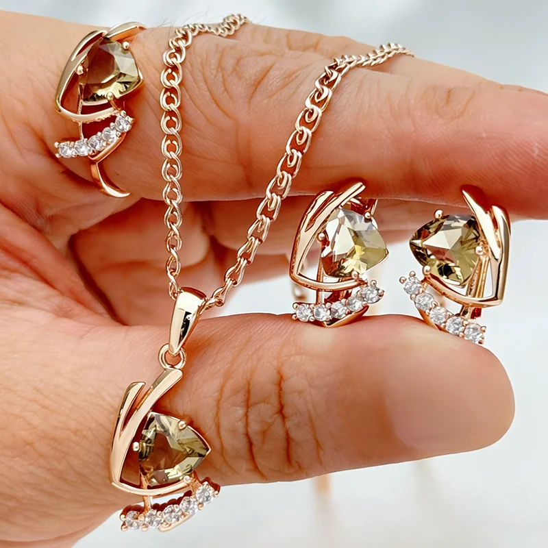 Kinel Hot Shiny Brown Natural Zircon Ring Ohrringe Halskette für Damen Mode 585 Roségold Farbe Vintage Hochzeit Schmucksets