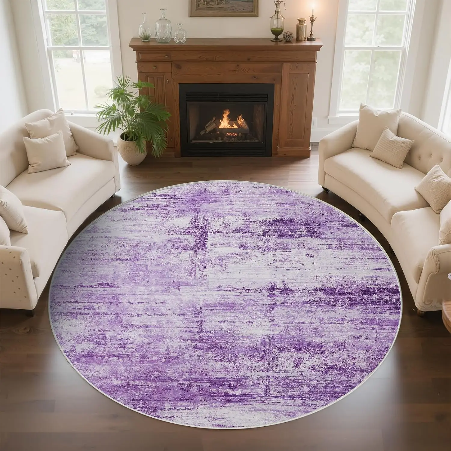 Large Round Purple Area Rug for Living Room Abstract Boho Chic Distressed Modern Vintage Style Home Decor Floor Mat Carpet