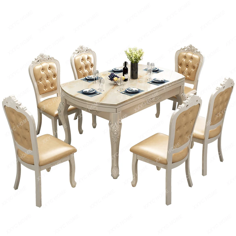 

European Marble Dining Tables and Chairs Set Retractable Foldable Dual-Purpose Dining Table