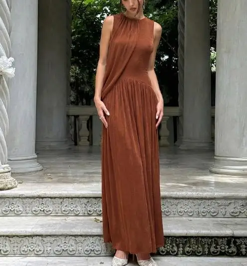 

Women Dresses 2026 Spring Summer Solid Color New Fashionable Personalized Slimming Wrinkled Round Neck Sleeveless Long Dress