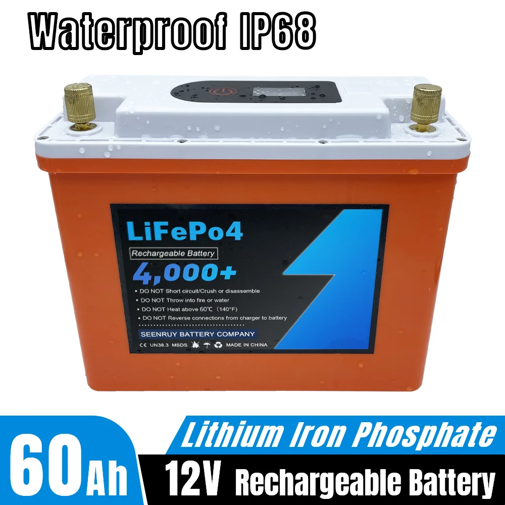 12V 50Ah 60Ah LiFePO4 Battery Pack 768Wh Waterproof IP68 Built-in BMS Power Bank for Fishing Outdoor Easy to carry +Charger