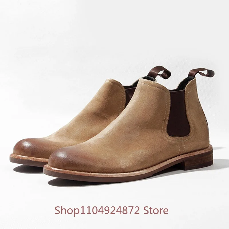 

Chelsea Boots Men's Genuine Leather High Top Ankle Boots British Cow Suede Retro Round Toe Motorcycle Desert Outdoor Work Boots