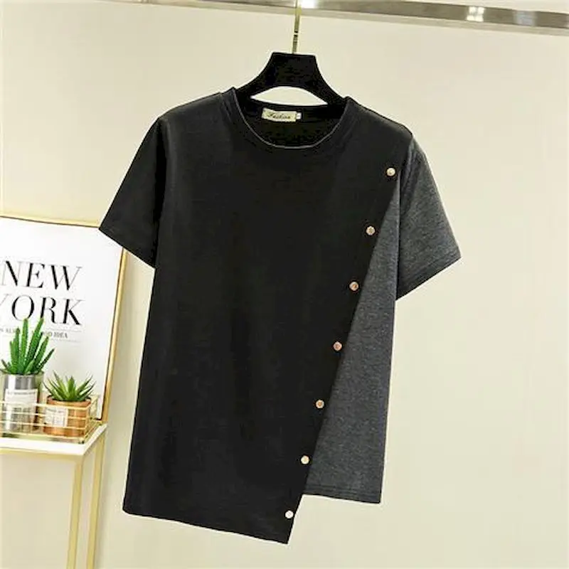 Oversized T Shirt Women Summer Trendy Top Korean Style Irregular Short-sleeved T-shirt Buckle Decoration All-match Casual Tshirt