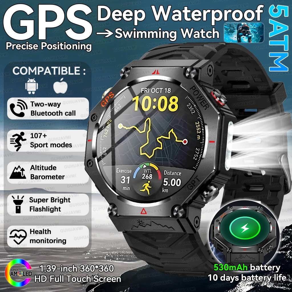 

2025 New For GPS Swim Men Sport SmartWatch Built in Dual Band GPS 5ATM Compass Altimeter Call 530mAh Military Smartwatch