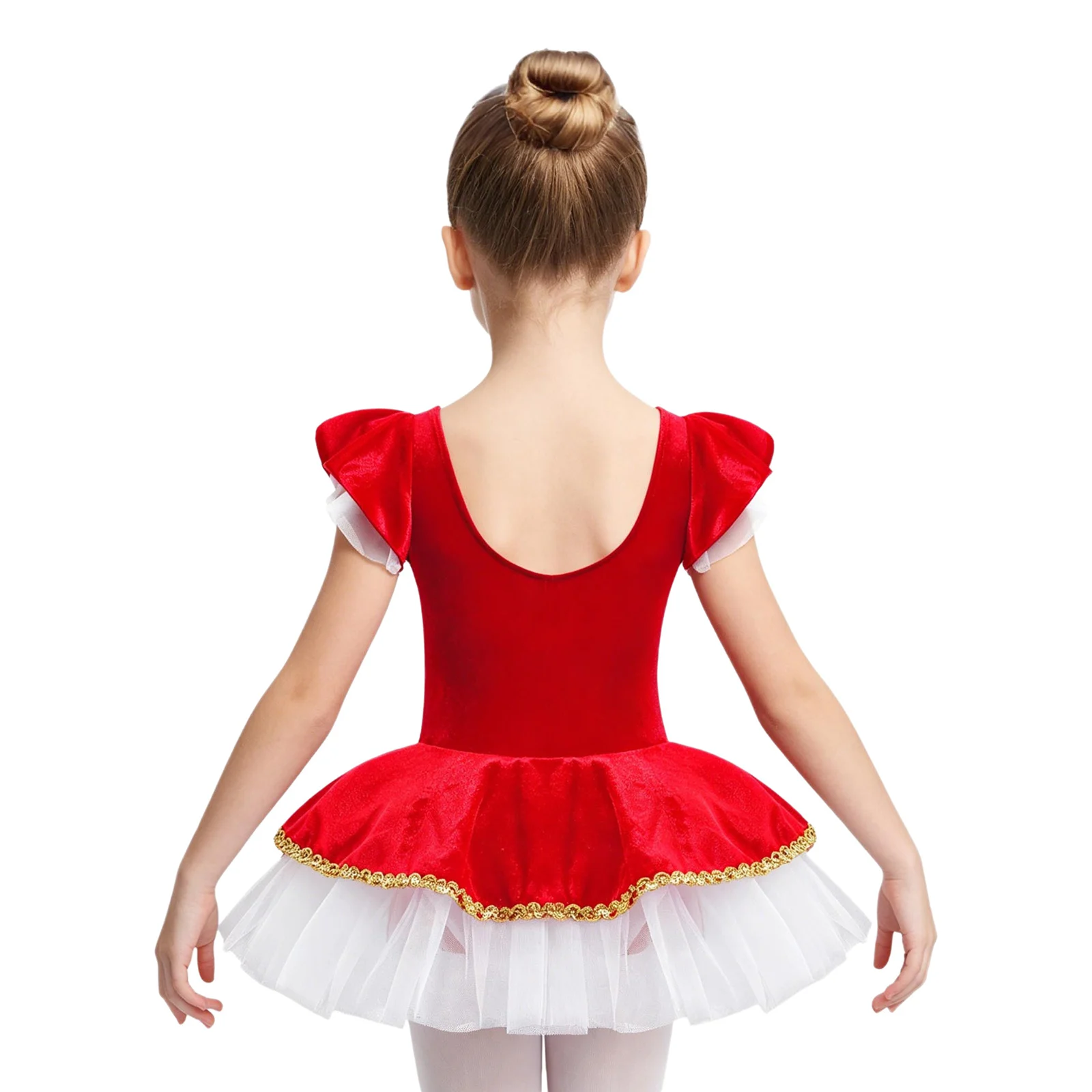 Kids Girls Velvet Ballet Tutu Performance Costume Short Sleeves Dance Jumpsuit with Sequins Adorned Mesh Hem Christmas Dress