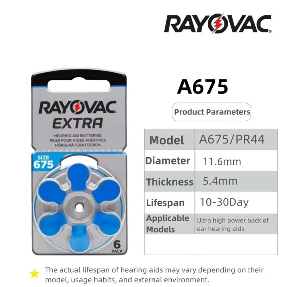 6-60PCS Rayovac Extra Mercury Free Hearing Aid Batteries Size 675 675A A675 PR44 Battery For Sound Amplifier Accessories