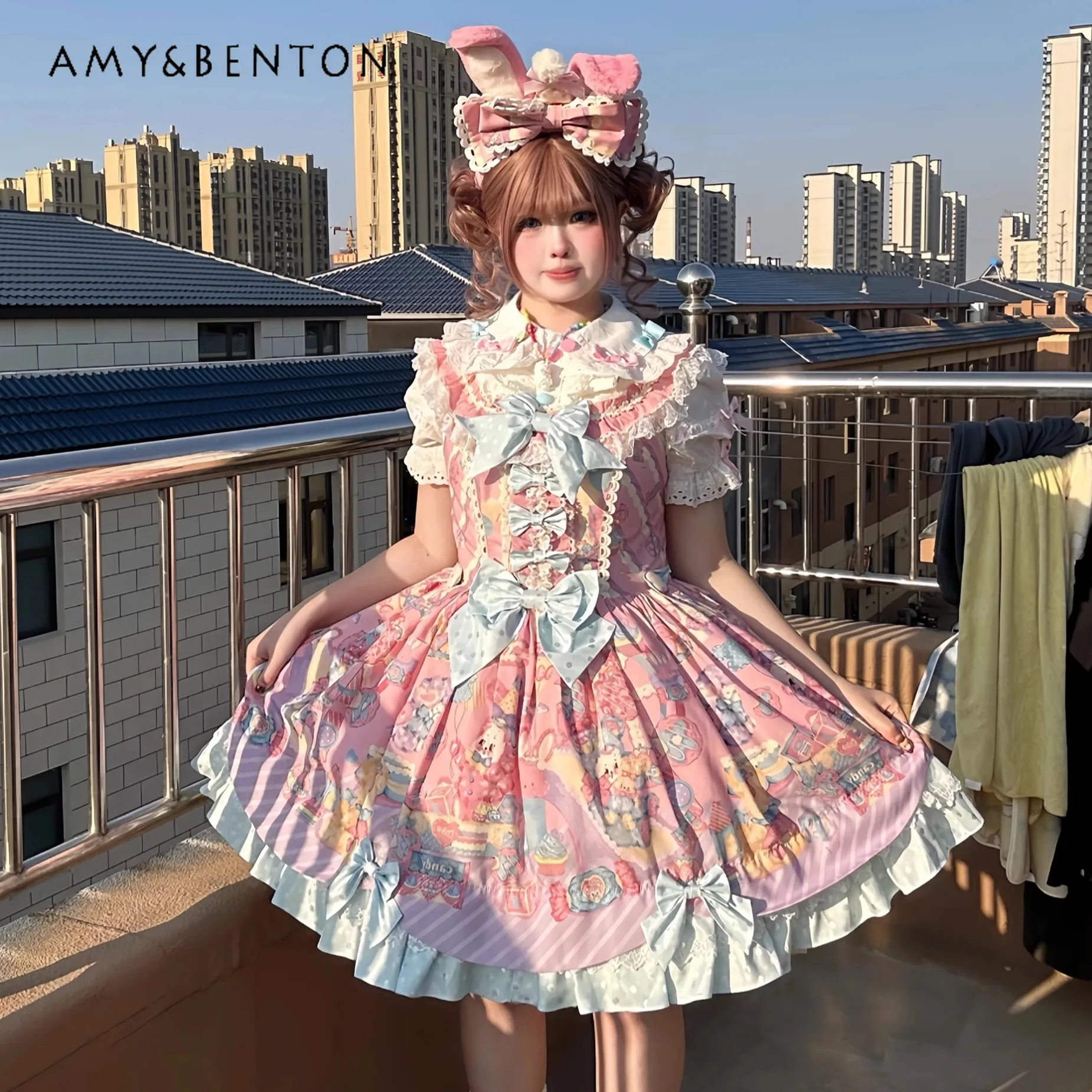 Abito da torta a righe con stampa cartoon Kawaii Lolita Abito da principessa con bretelle a vita alta con fiocco carino originale in pizzo