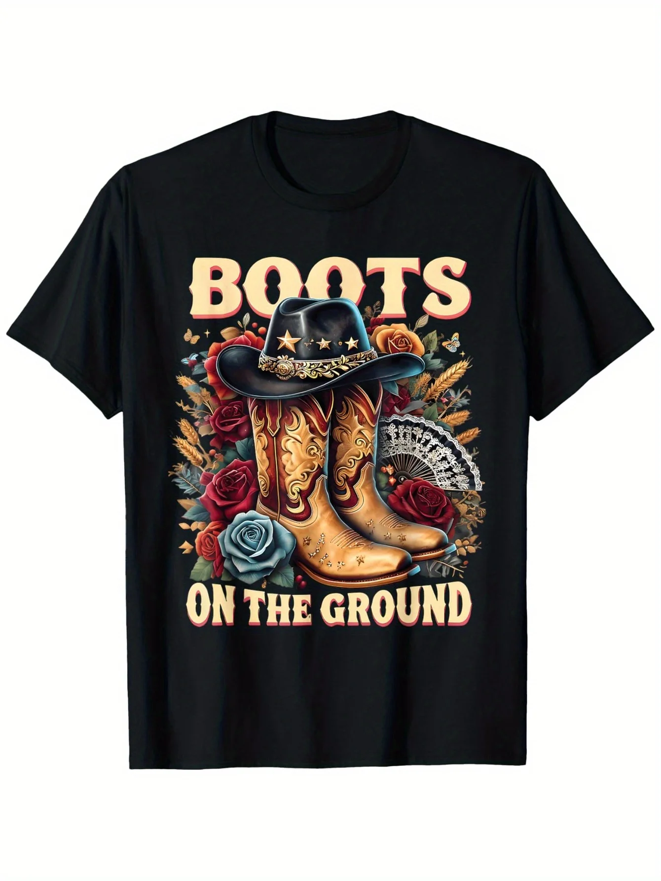 

Men's Retro Western Linedance Boots T-Shirt - Black Cotton, Casual Graphic Tee