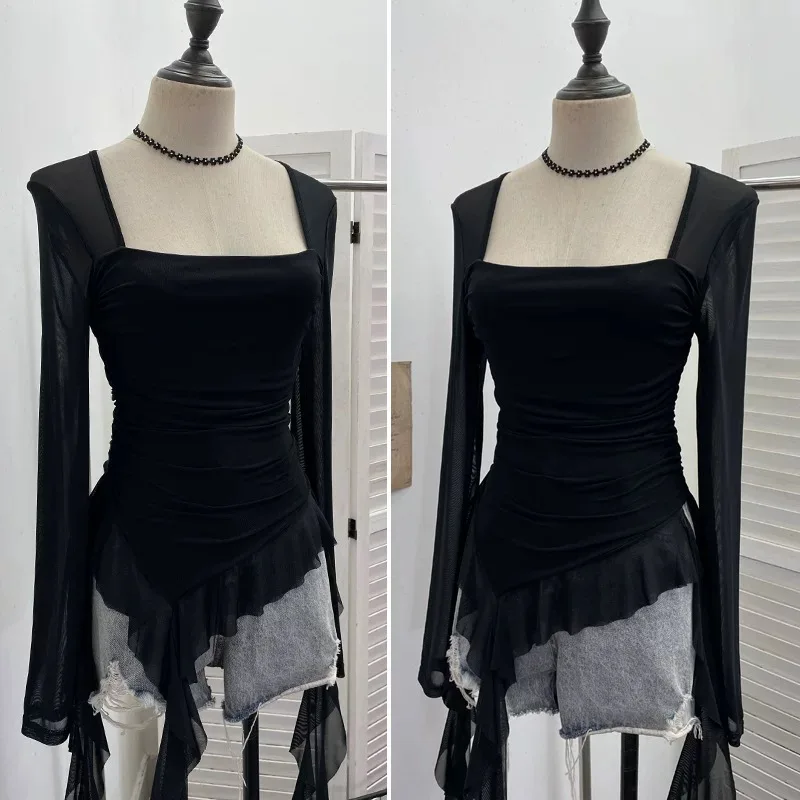 Sexy Sheer Mesh Ruffle Long Sleeve Top Women Y2K Irregular Asymmetrical Korean Crop Top Casual Autumn Chic Blouse for Party