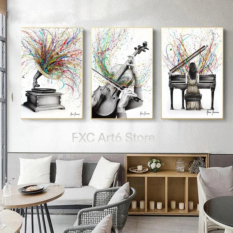 1PC frameless Abstract Piano Guitar Violin Phonograph Posters Prints Vintage Canvas Painting Wall Art Picture for Living Room Mu