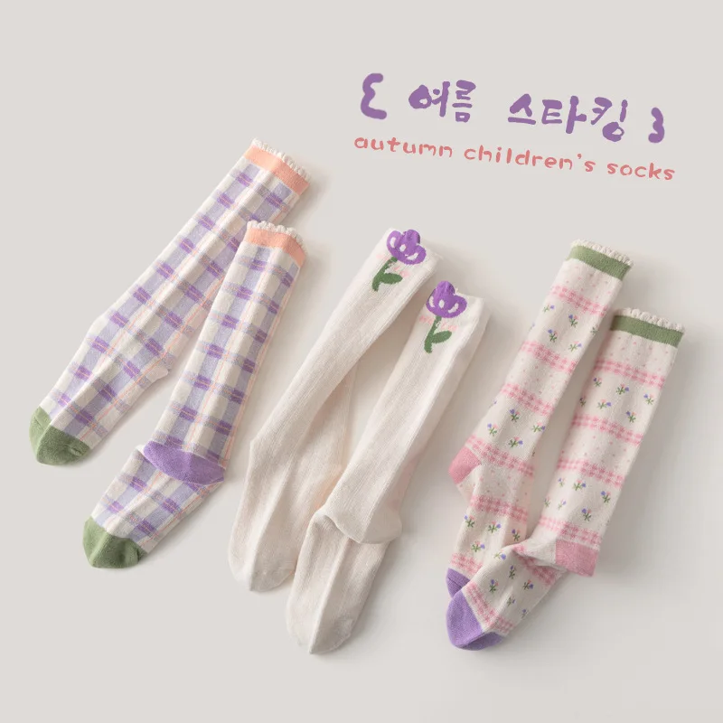 3 Pairs Baby Long Socks Girls Floral Socks Spring Autumn Girls Socks Children Cotton Socks for 1-12Y