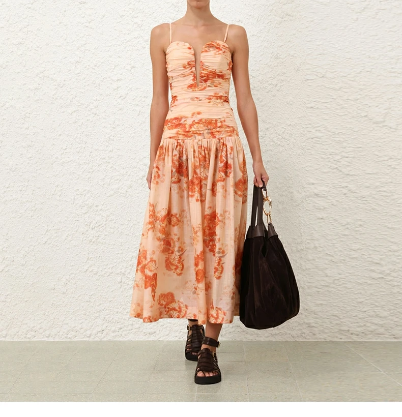 

Orange Red Floral Print Sleeveless Pleat Backless Tube Midi Dress Cotton 2025