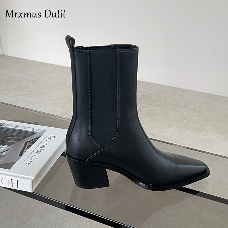 Mrxmus Dutit 2024 Autumn Winter New Women Genuine Leather Pointed Toe Rough Heel Fashion Boots Solid Simple Shoes Female Chic