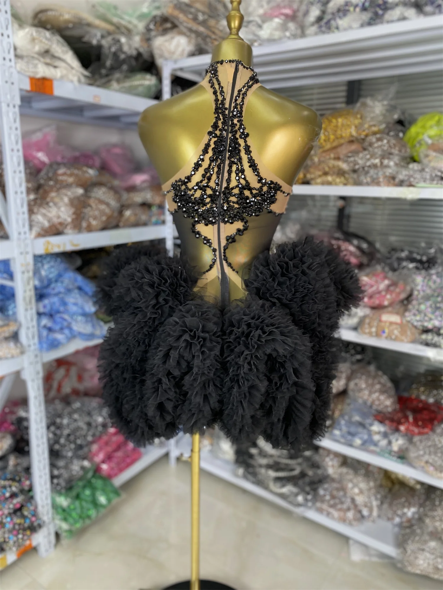 

Nightclub Bar Femal Singer Dress Black Glitter Rhinestones Bubble One Piece Special Occassion Evening Party Performance Costumes