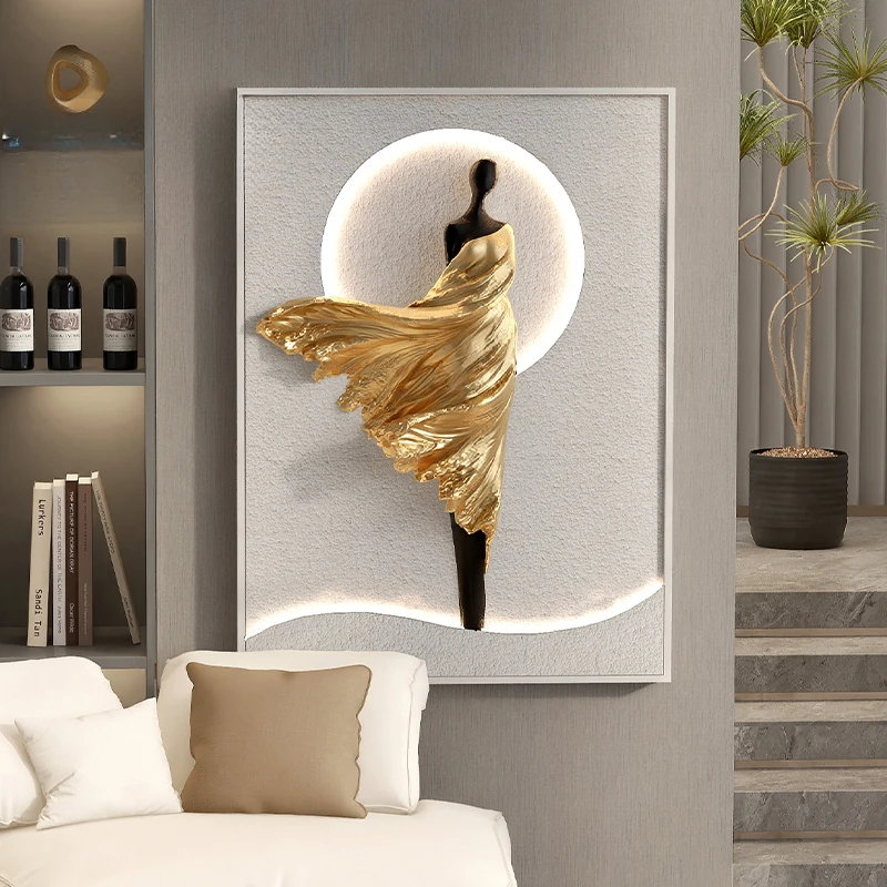 Modern Simple Home Decor Abstract Girl Sculpture Wall Decoration Living Room Foyer Luminous Ornaments Resin Art Crafts Statue