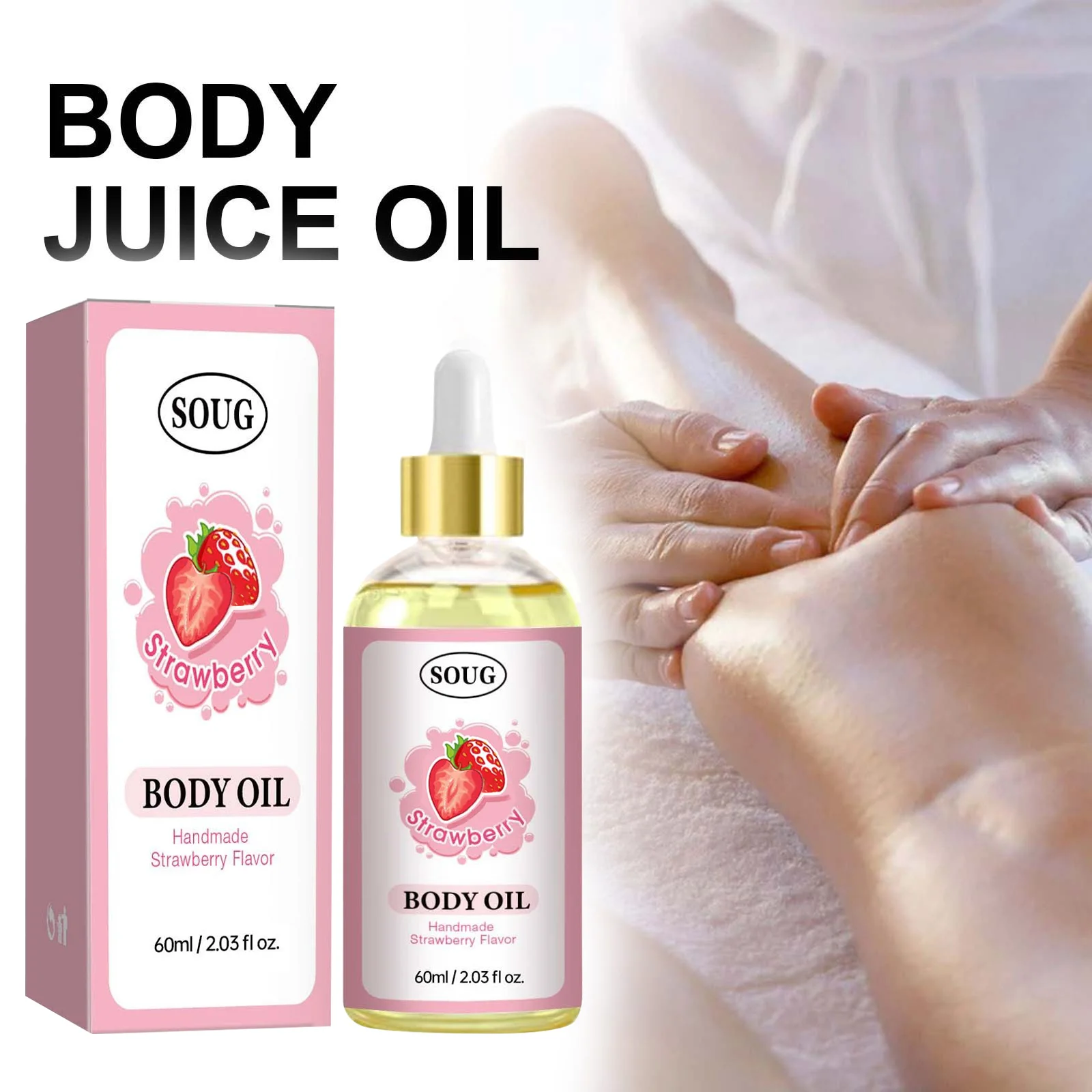 Aceite corporal SOUG - Cuidado hidratante natural de la piel de 60 ml con extracto de fresa para todo tipo de piel, moño de canela hecho a mano con sabor