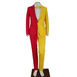 Men Personality Pantsuit Red Yellow Patchwork Color Blazer Trousers 2 Piece Magician Clown Party Wedding Suit Host Stage Tuxedo