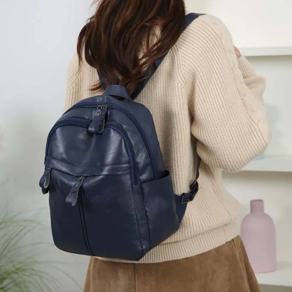 Elegant Soft PU Backpack Korean Style Multi Pocket Large Capacity School Bag Anti-Splash Water Solid Color Casual Mom Daypack