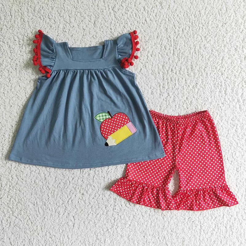 

Wholesale Back to School Embroidery Apple Pencil Toddler Baby Girl Clothes Summer Outfit Children Dots Shorts Kids Set Clothing