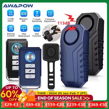 Awapow alarme de bicicleta 113db, à prova d'água, segurança para motocicleta, controle remoto sem fio, scooter elétrica, alarme antirroubo