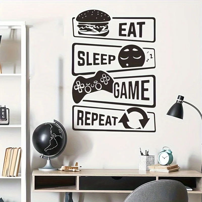 1pc Eat Sleep Game Repeat Wall and Window Sticker, Self-Adhesive Decorative Sticker, Suitable for Gaming Room, Bedroom, Study