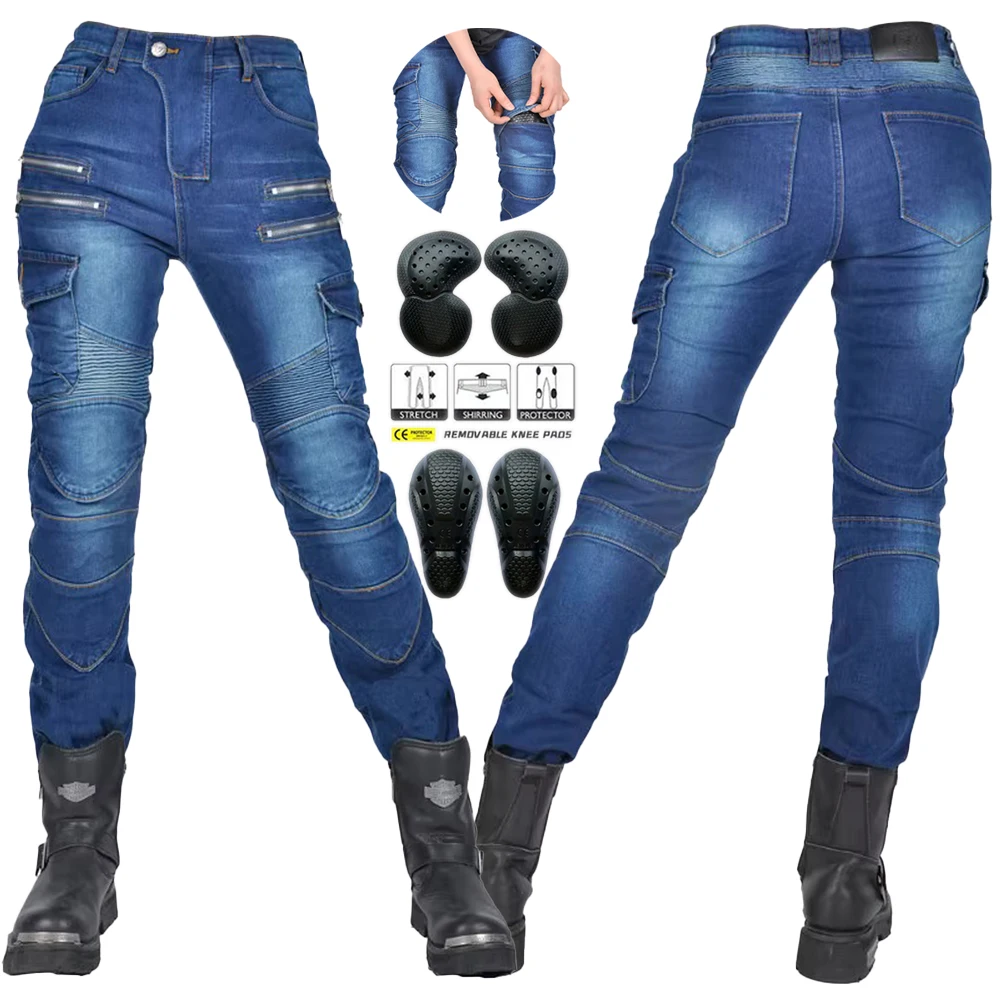 New Motorcycle Double Zipper Metal Style Trousers Moto Woman Jeans Motocross With Outdoor Riding Racing Protective Gear Pants