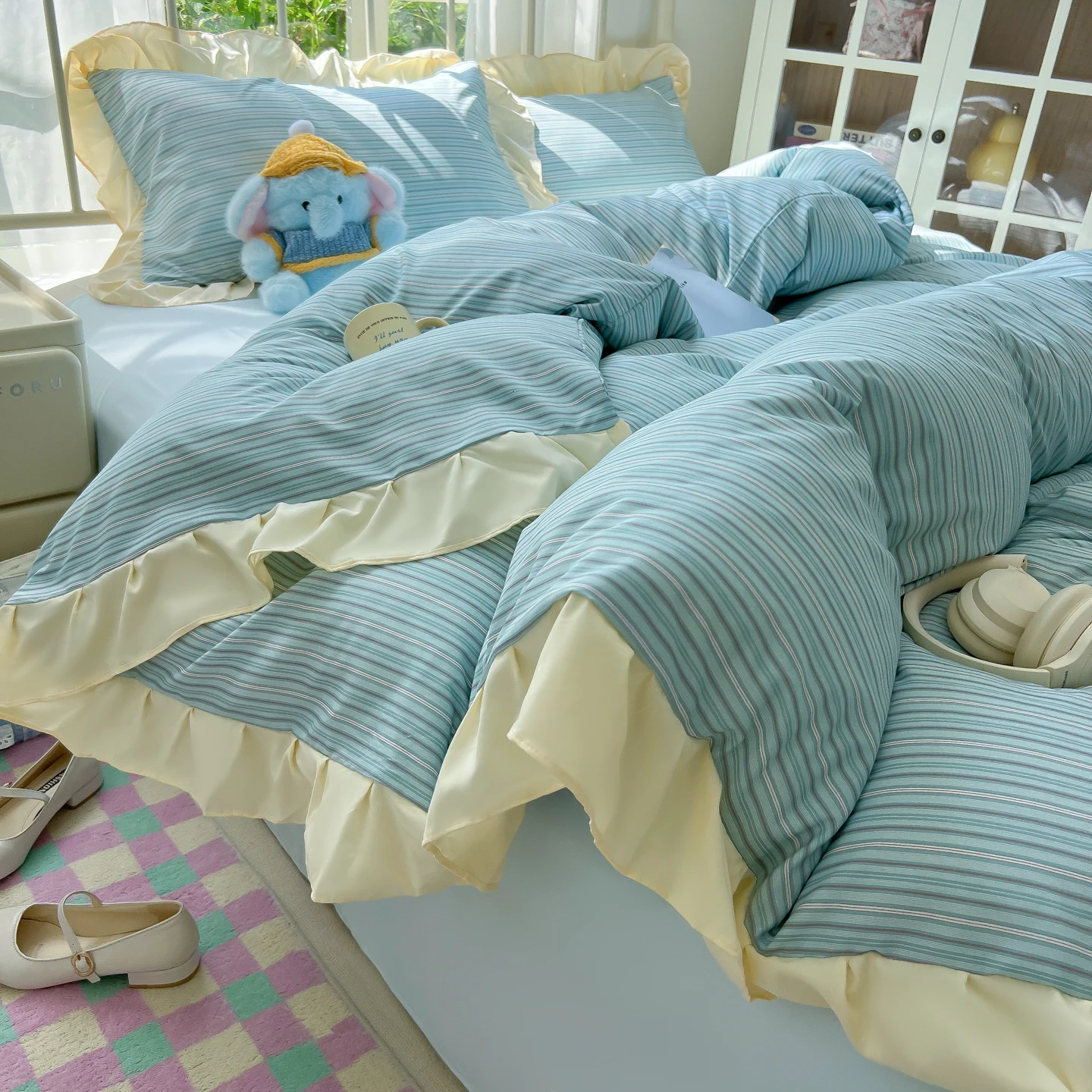Striped Ruffles Duvets Cover Sets Single/Queen Size Bed Cover Set Skin-friendly Soft funda nordica 150 cama Blue Color 이불커버