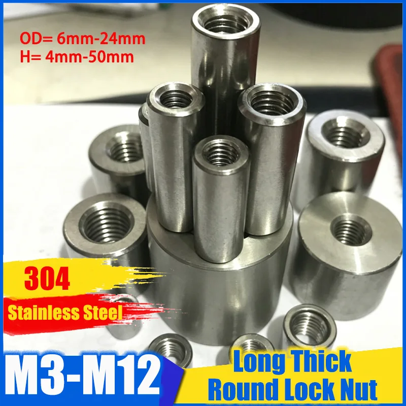 

M3 M4 M5 M6M8M10 M12 304 Stainless Steel Long Thick Cylinder Nut Full Thread Through Hole Round Coupling Nut Industrial Fastener