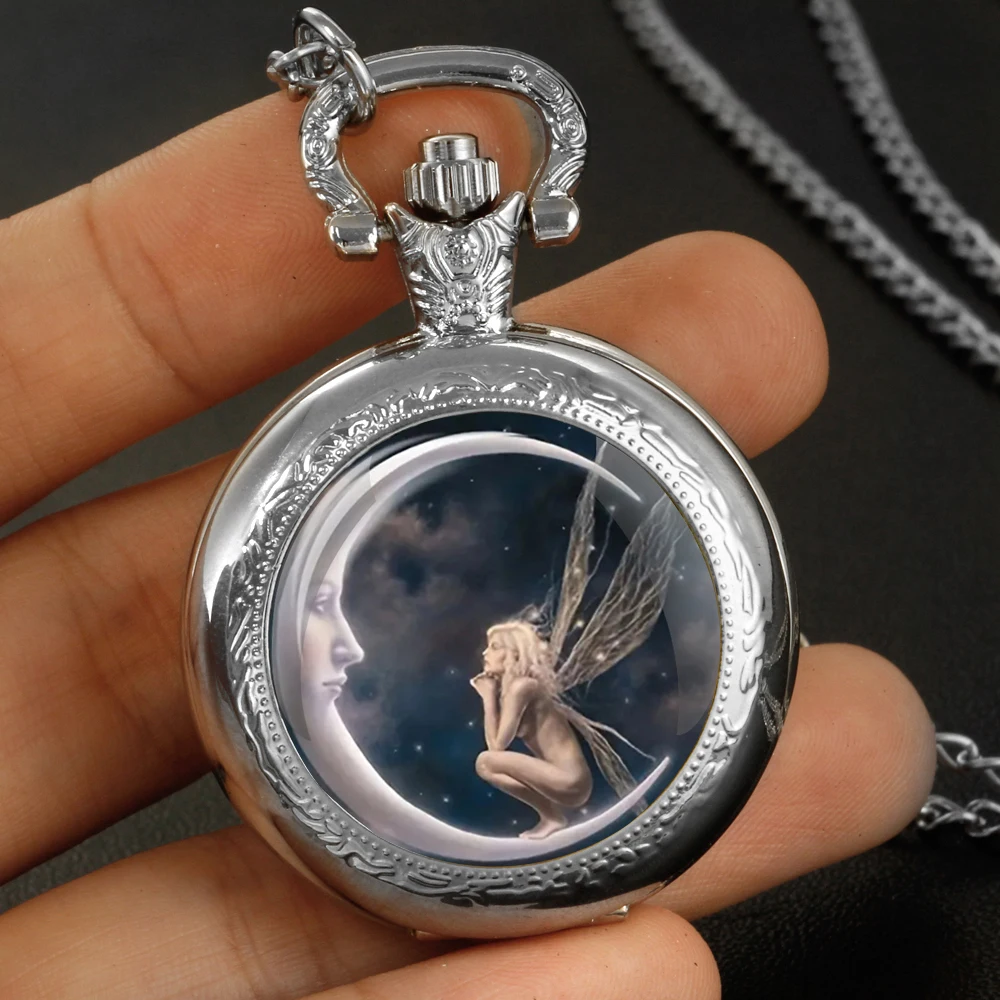 Quartz Moon Guardian Pocket Watch, Fada Luz, Tempo Silencioso