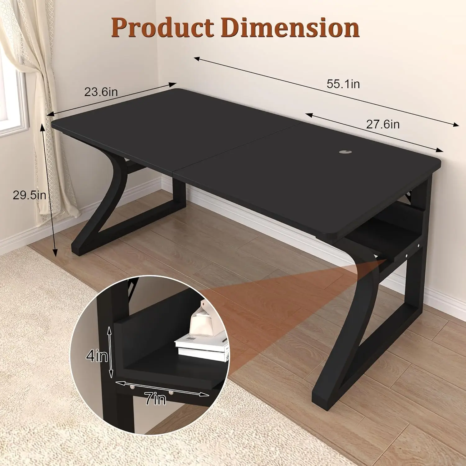 55x24 Inch Computer Desk w/Storage & Cable Management, U-Shaped Metal Frame, Home Office Gaming Study Desk, Customized