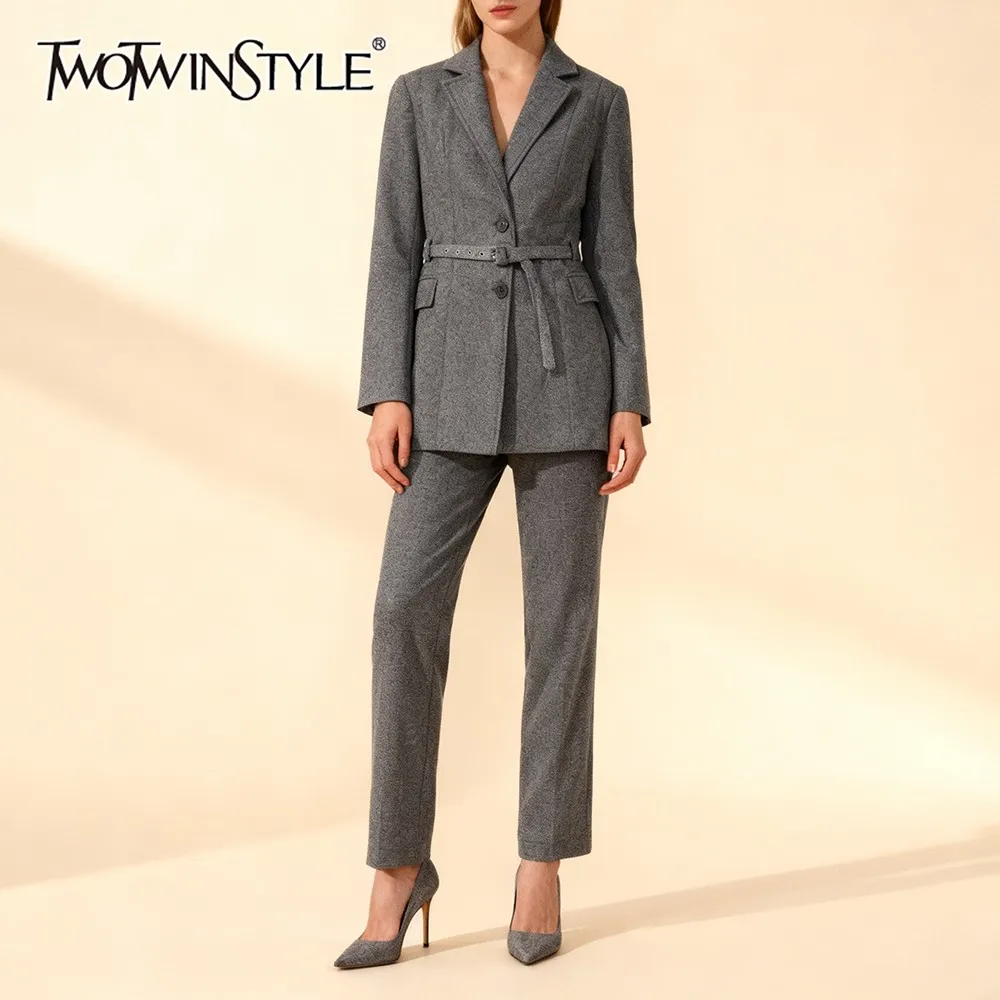 TWOTWINSTYLE – ensemble deux pièces en laine pour femmes, col cranté, ceintures épissées, manteau, taille haute, pantalon droit, costume minimaliste
