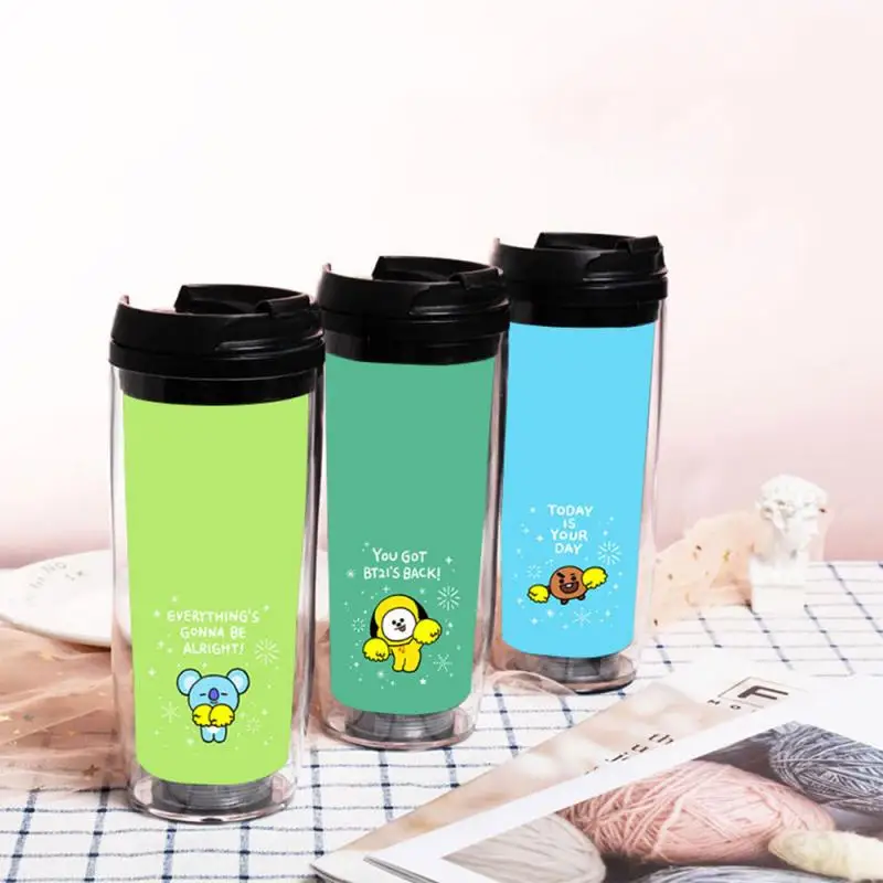 Taza de agua de 500Ml con dibujos animados de Anime Bt21 Tata Chimmy Cooky, nueva taza con pajita a la moda, taza portátil de doble capa, regalo para amigos