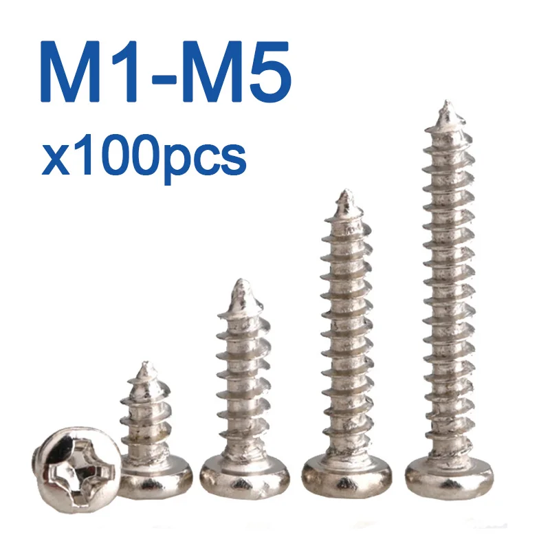 100pcs/lot Phillips Self Tapping Screws Cross Recessed Round Head Nickel Plated Carbon Steel M1, M1.4 M1.7 M2.3 M2.6 M3.5 M5