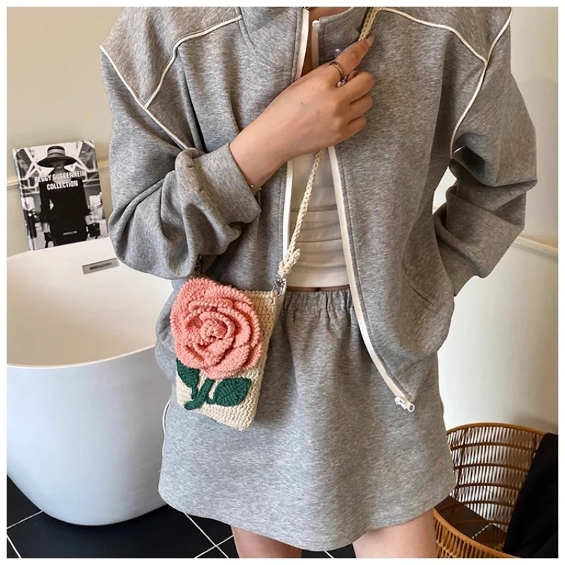 

Тканая сумка ручной работы для женщин, вязаная крючком сумка через плечо, трендовая вязаная сумка для молодых девушек, милая сумка-кошелек с подсолнухом для мобильного телефона