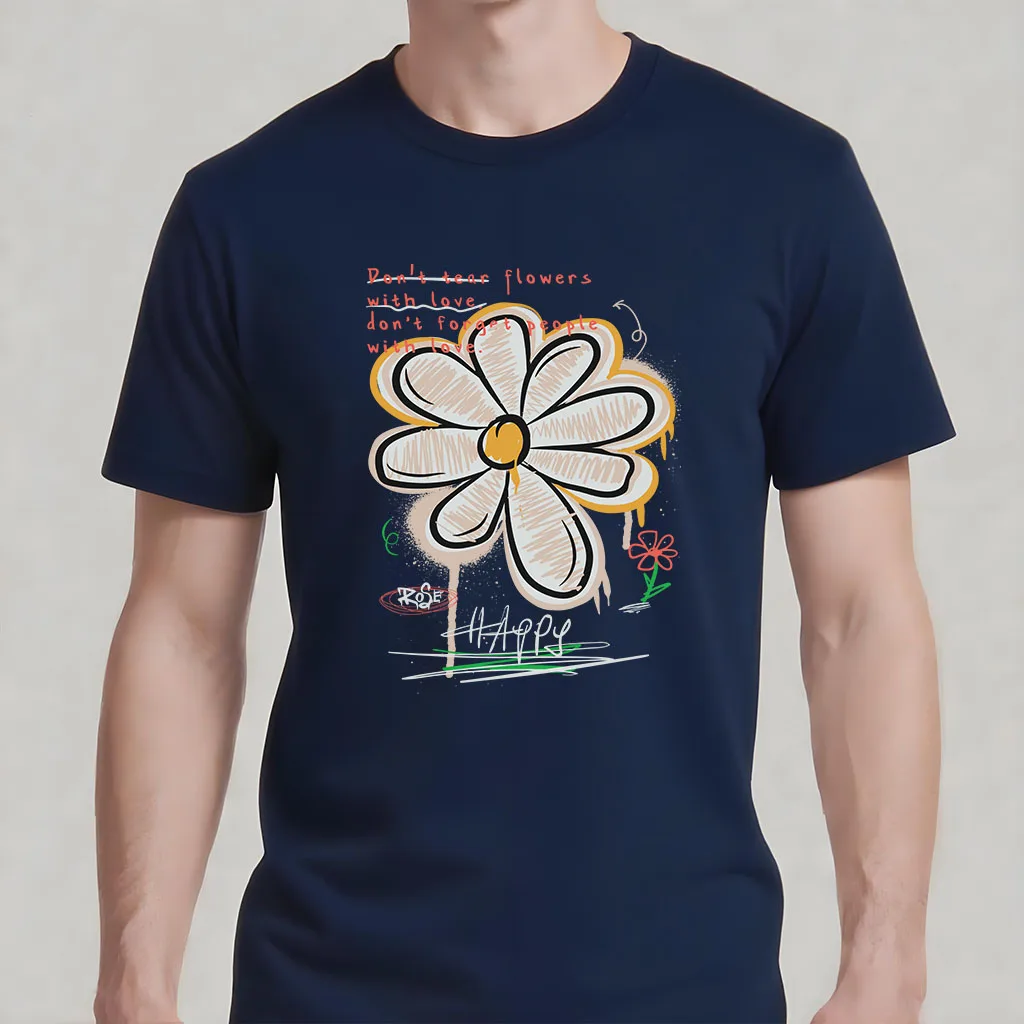 

Men's short-sleeved T-shirt with happy flower prints, new Nordic summer cotton round-neck top, trendy wear,holiday birthday gift
