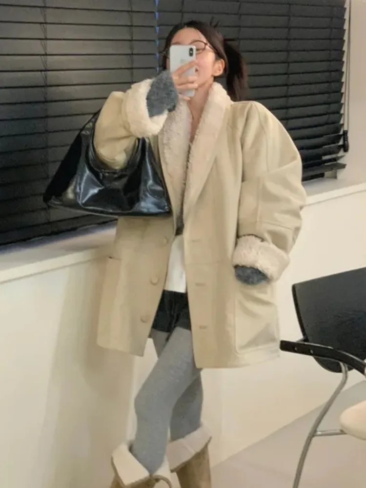 

Retro Chic Fur Leather Jaet Loose Fit Collar Women's Hong Kong Sle Coat Trendy Spring Autumn Winter Outerwear