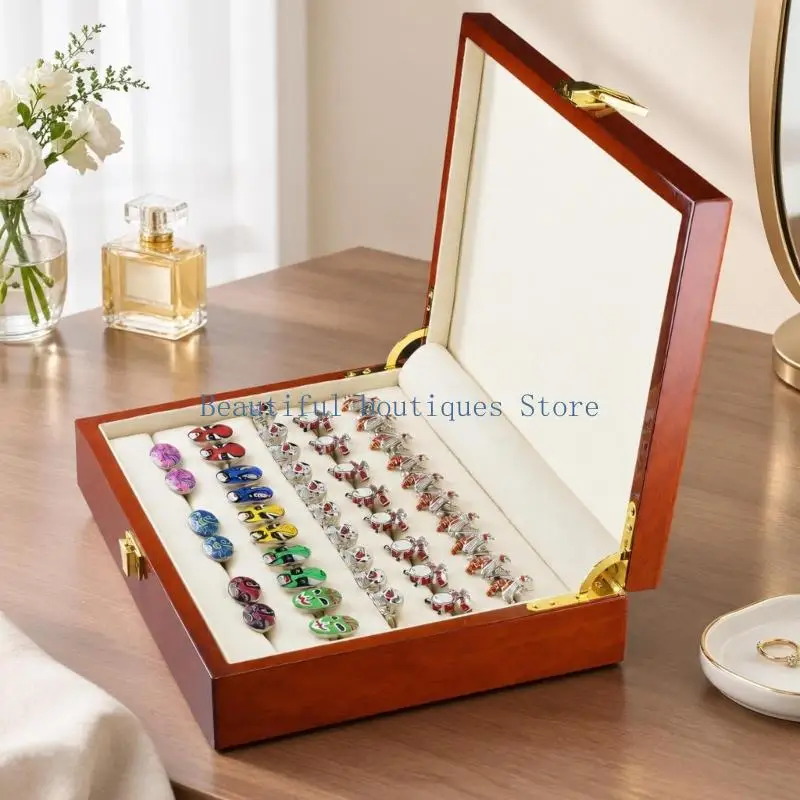 U4LF Slotted Cufflink Display Box with 20-Pair Capacity, Piano-Lacquer Finish, and Brown Wood-Tone Exterior for Rings and Small