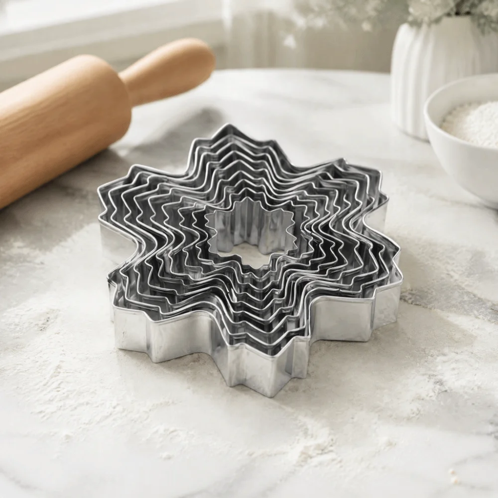9PCS Stainless Steel Snowflake Cookie Cutter Snowflake Shape Nested Size Biscuit Cutter Silver Rolled Edge Cake Decorating Mold