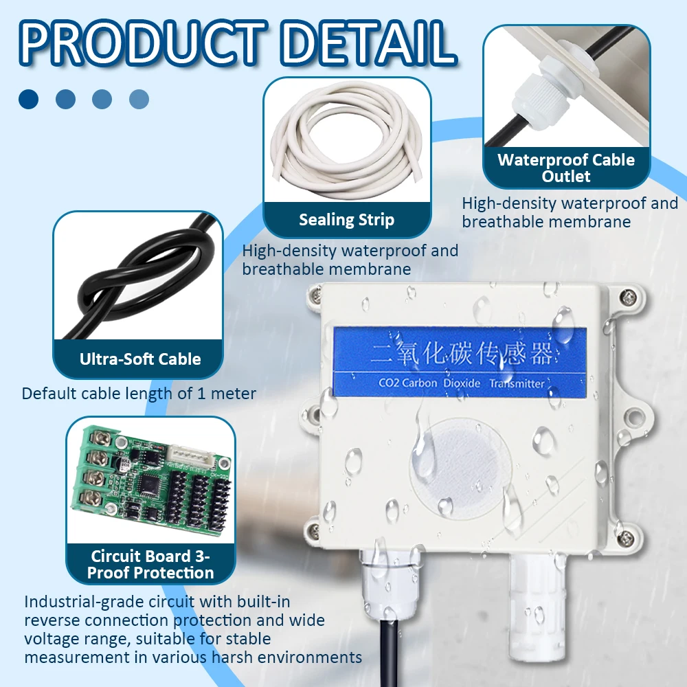 CO2 Sensor RS485 4-20mA 0-5V 0-10V Output High Precision Gas Concentration Detector CO2 Transmitters Sensors Gas Detection