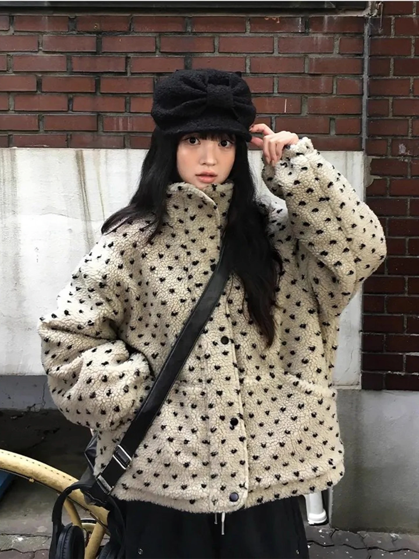 

Gagarich, женская хлопковая куртка из жаккардового меха ягненка с милым сердечком, зима 2023, новый дизайн, универсальное хлопковое пальто с воротником-стойкой и цветными блоками