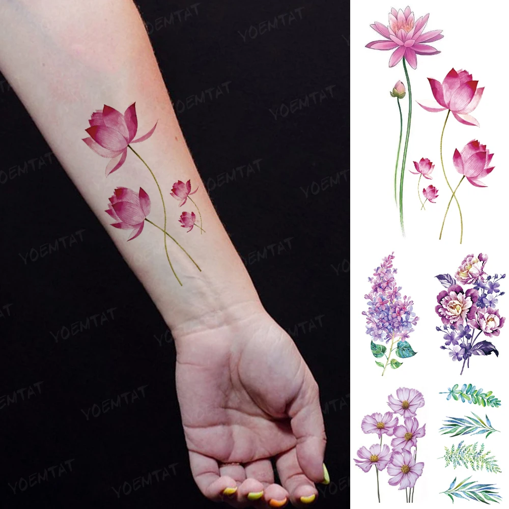 Transl Temporary Tattoo Sticker Women Girl Lotus Line Watercolor Flower Plant Peony Rose Flash Tatoo Arm Body Art Fake Tatto Men