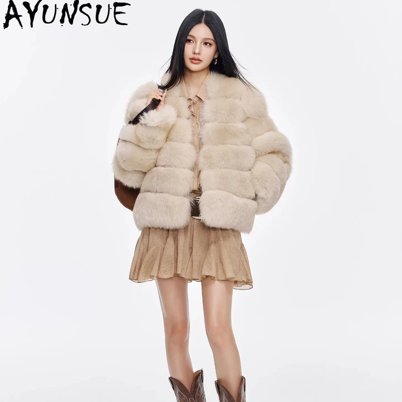 معطف فرو الثعلب الحقيقي من AYUNSUE معطف نسائي قصير جديد في ملابس خارجية معاطف فرو شتوية للسيدات سترة فرو أنيقة ملابس نسائية فاخرة Fourrure