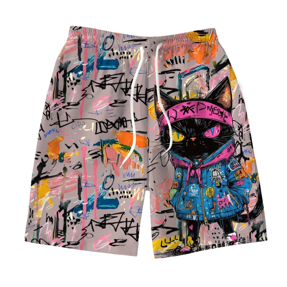 

Men's Hawaiian swimming trunks 3D graffiti kitten macaron print shorts quick-drying outdoor leisure sports fashion men's shorts