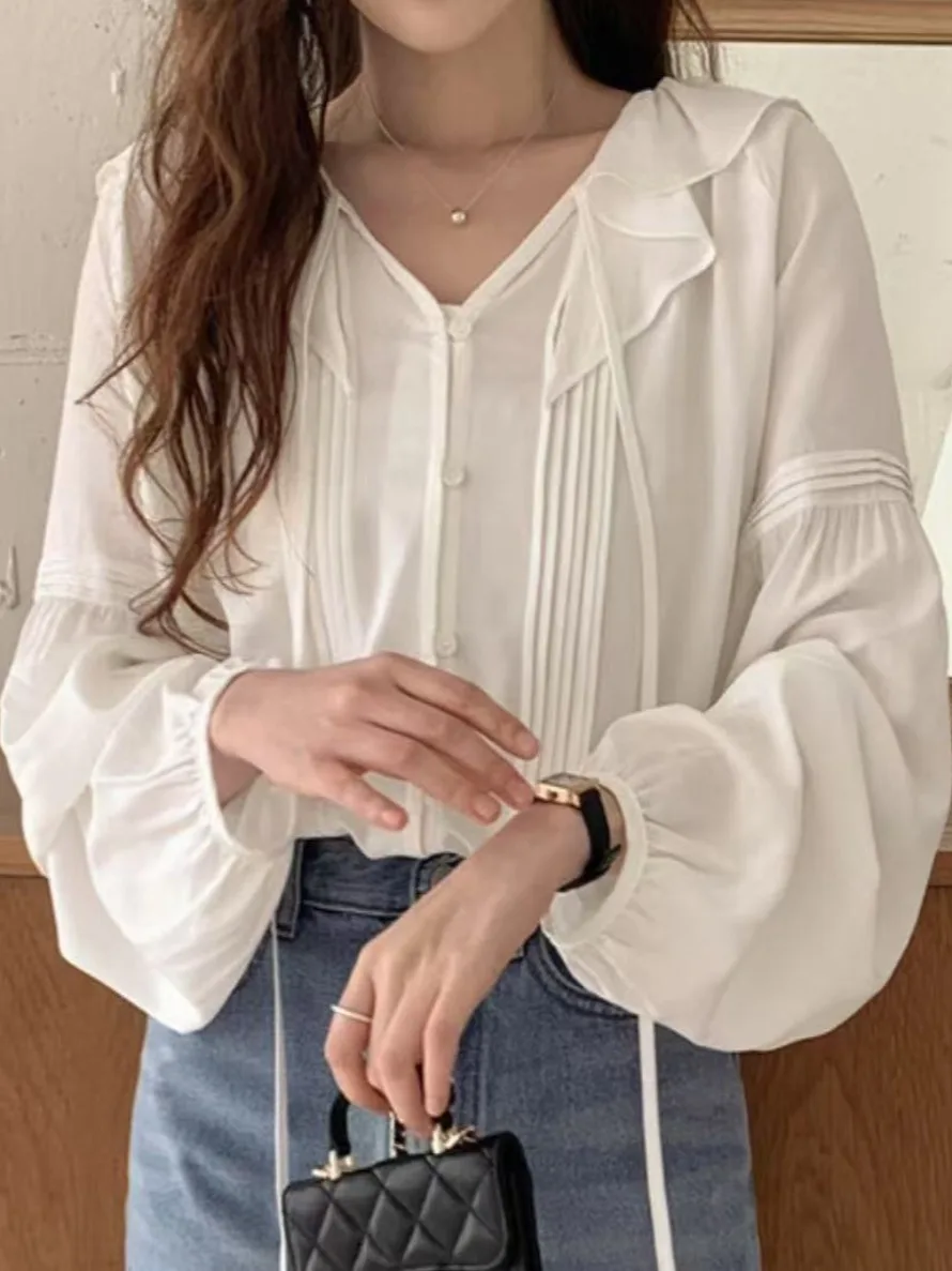 

Chic Spring Gentle Sle Long Sve Pleated Lotus Le Collar Loose Casual Belted Women's irt Commute Sle Thin Material
