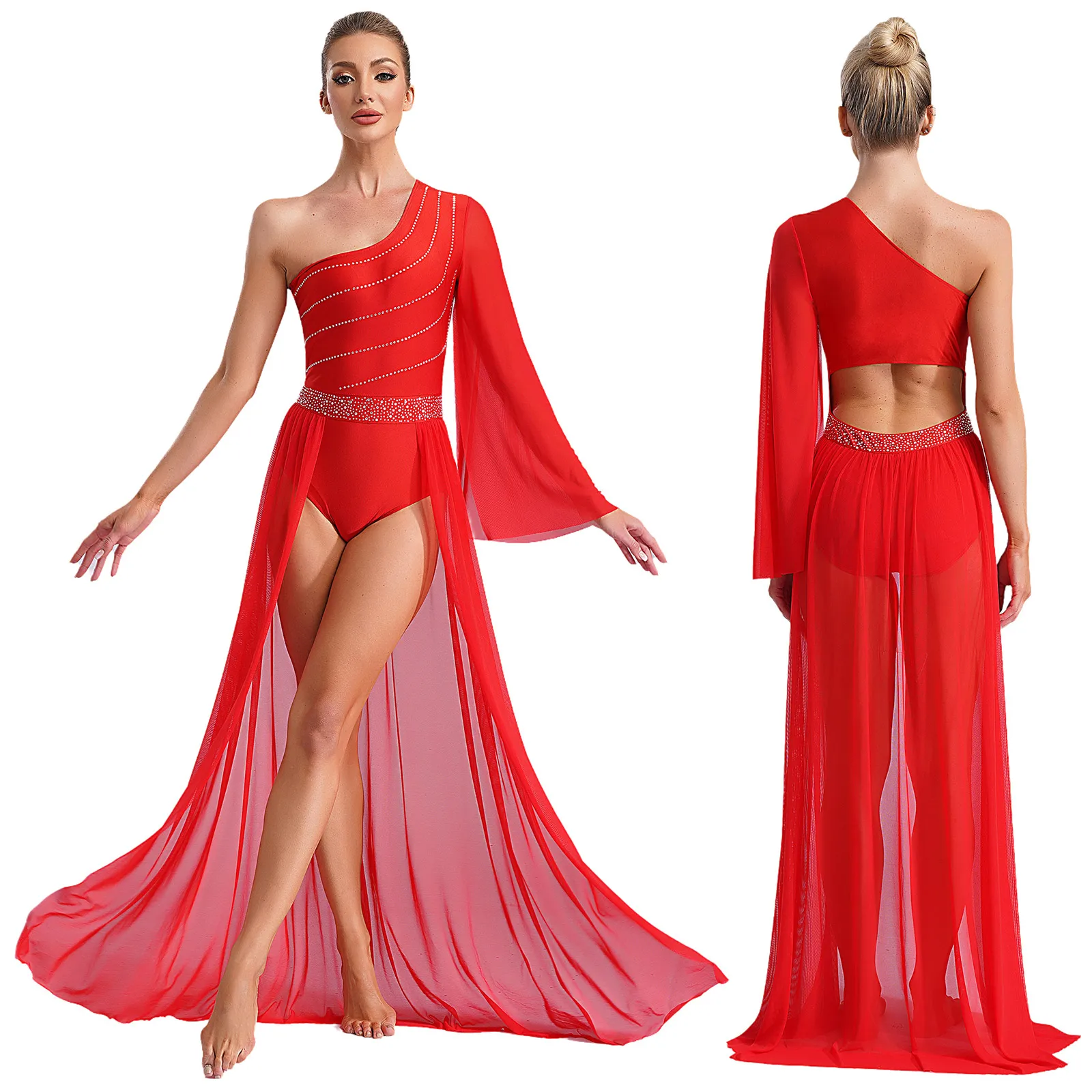 

Adult One Shoulder Flowy Split Long Splice Dress Lyrical Contemporary Modern Ballroom Praise Dance Costume Women Waltz Dancewear