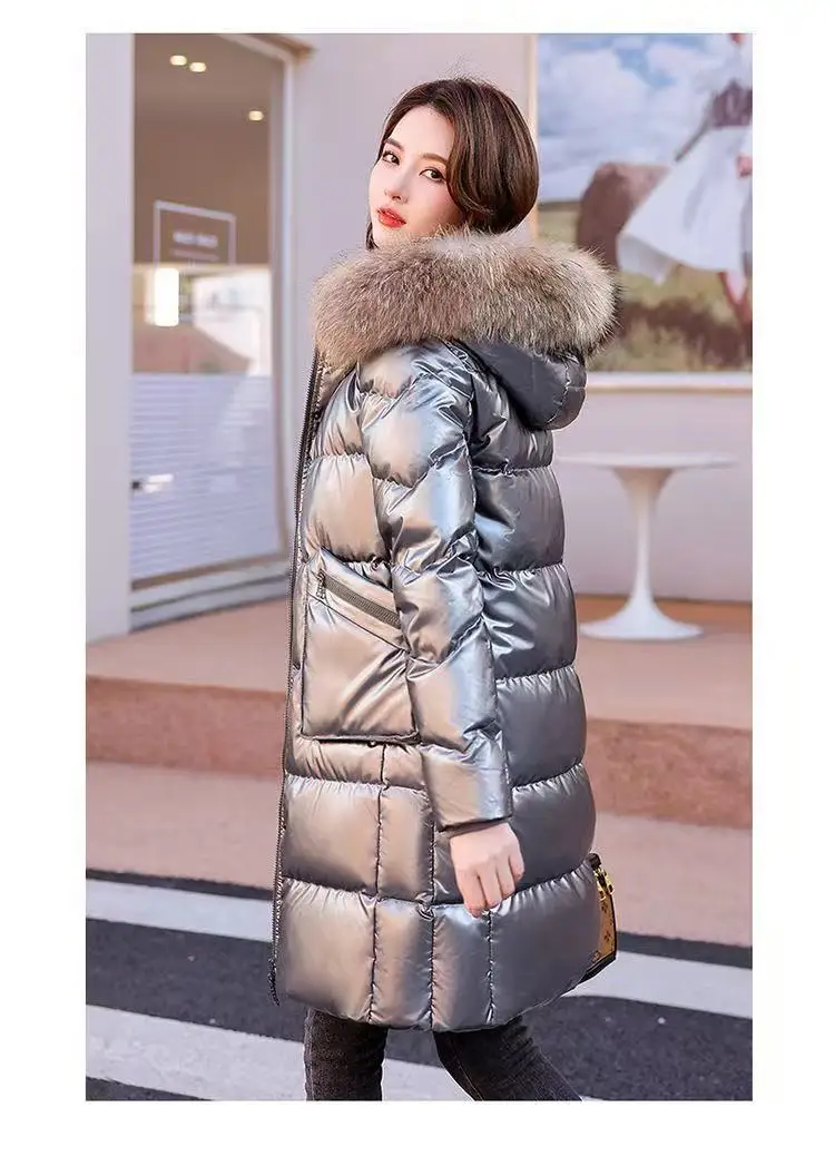 

Красивые Зимние блестящие однотонные женские парки с меховым воротником и капюшоном, толстые пуховики и куртки в Корейском стиле для женщин