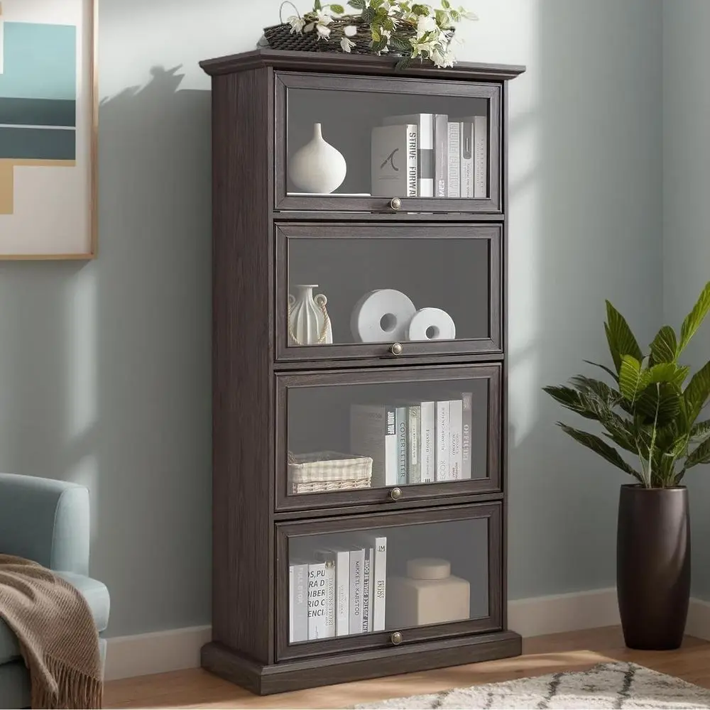 63 High Glass-Door Curio Cabinet with 4-Tier Shelves for Living Room (Brown)