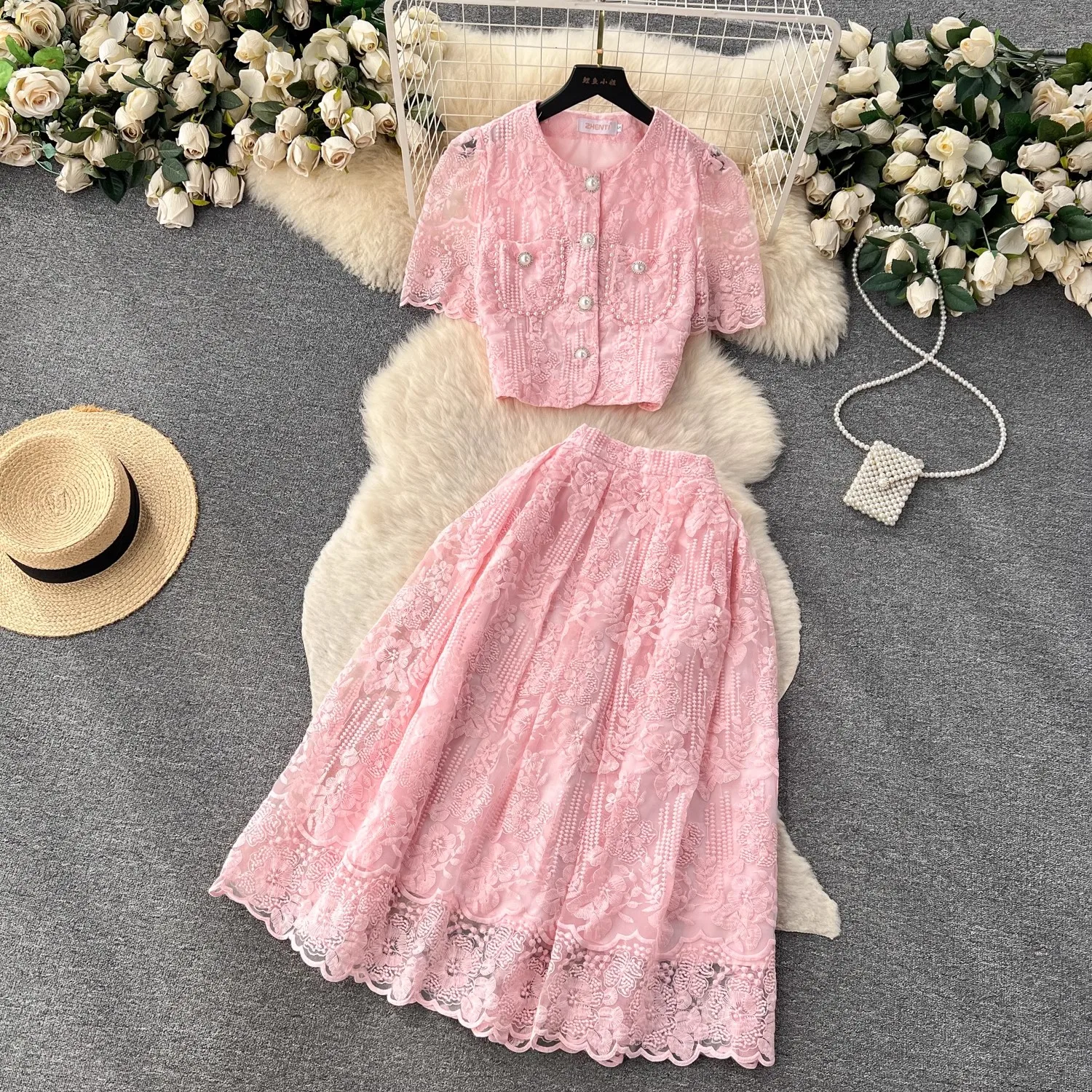 

Runway Lace Two Pieces Set For Women Mesh Embroidery Flower Beaded Pockets Tops + A-Line Long Skirt Suit Female Outfit 8562